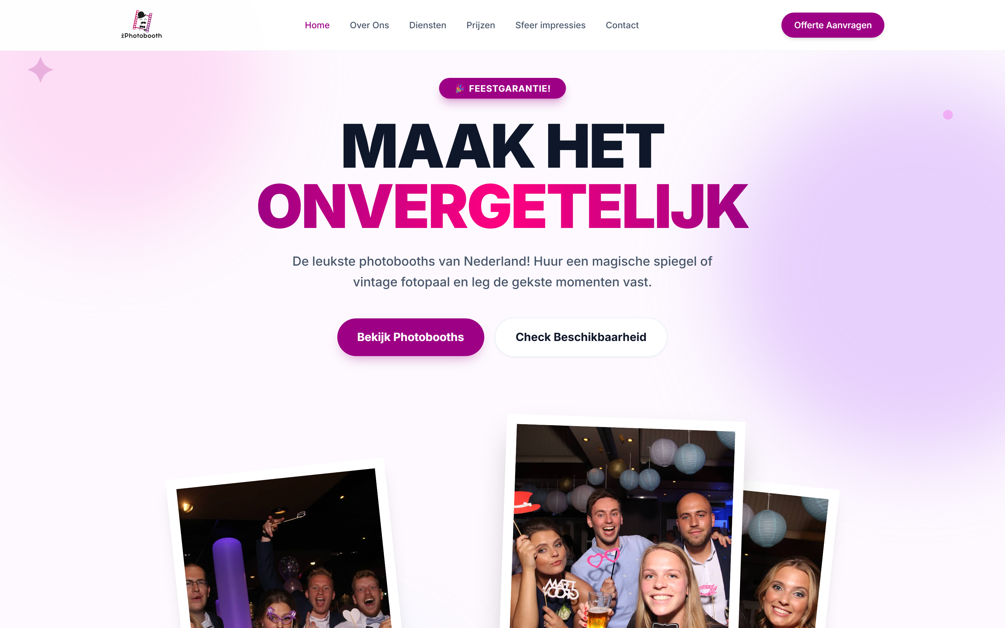 Website screenshot van Mister Photobooth (misterphotobooth.nl) — Een site die het feest meteen laat voelen. Diensten: Webdesign, Development.