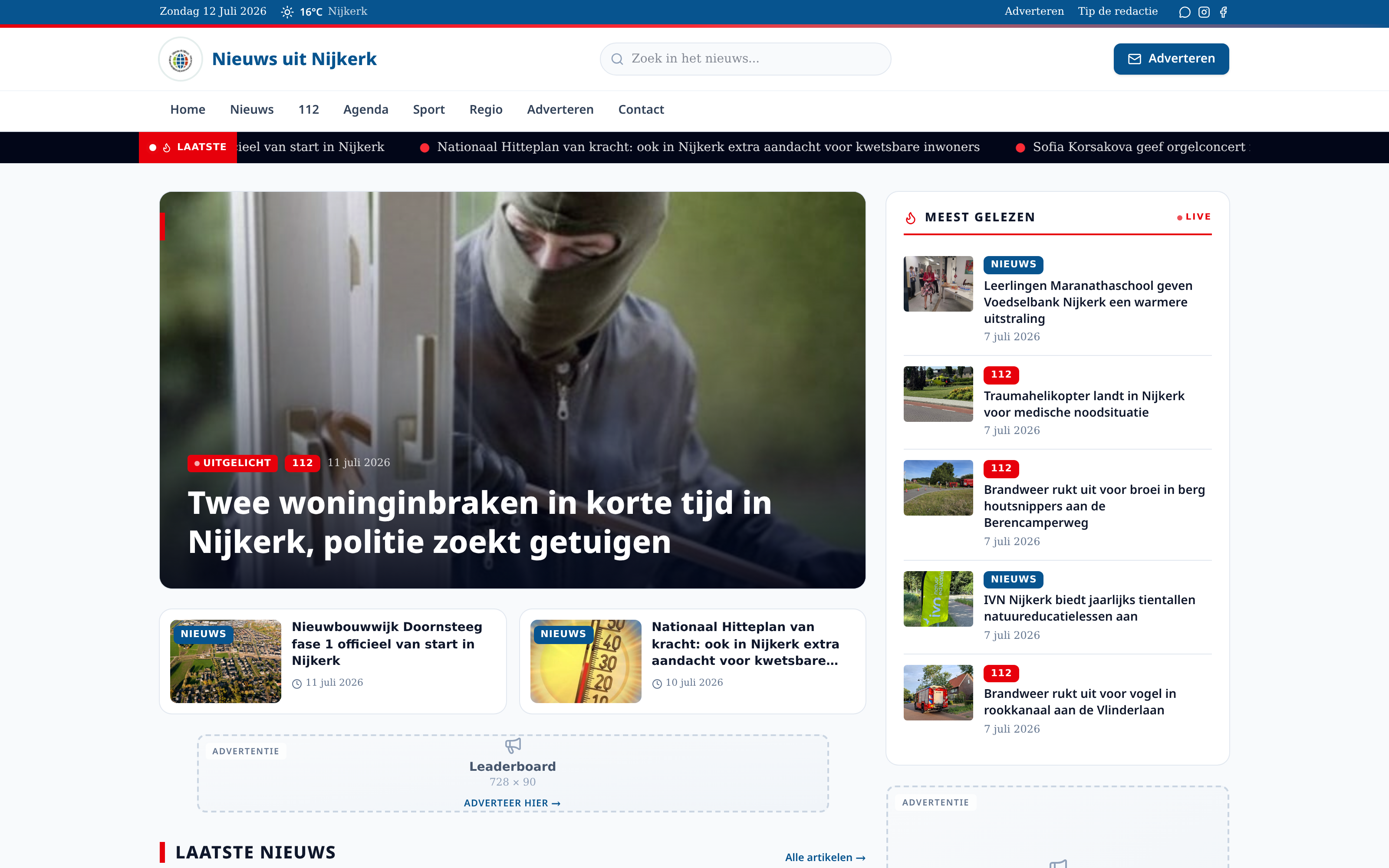 Website screenshot van Nieuws uit Nijkerk (nieuwsuitnijkerk.nl) — Een compleet lokaal nieuwsplatform. Diensten: Webdesign, Development, Branding.