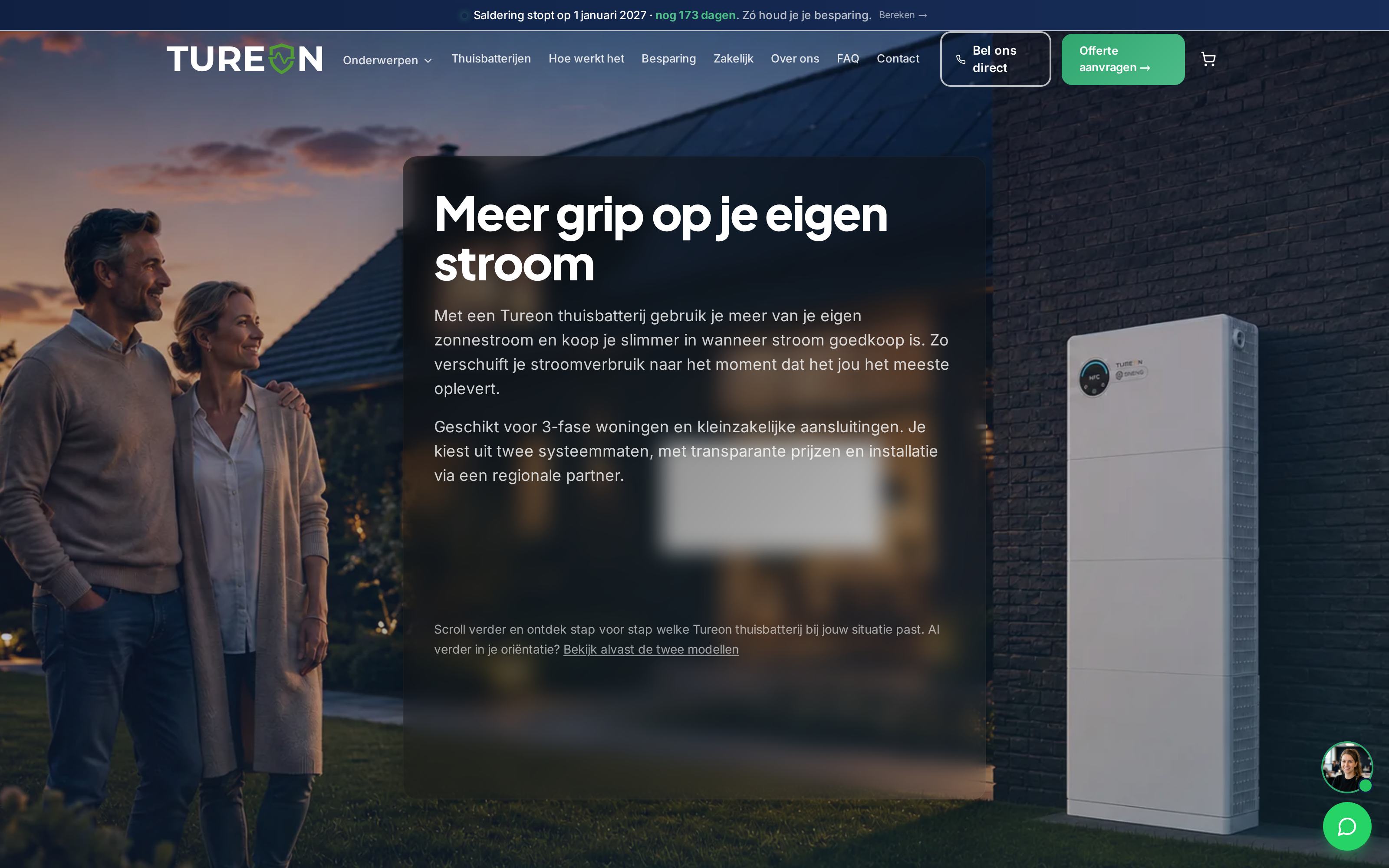 Website screenshot van Tureon (thuisbatterij-tureon.nl) — Thuisbatterijen verkopen: webshop en marketing. Diensten: Webdesign, Development, SEO, SEA, Social Media.