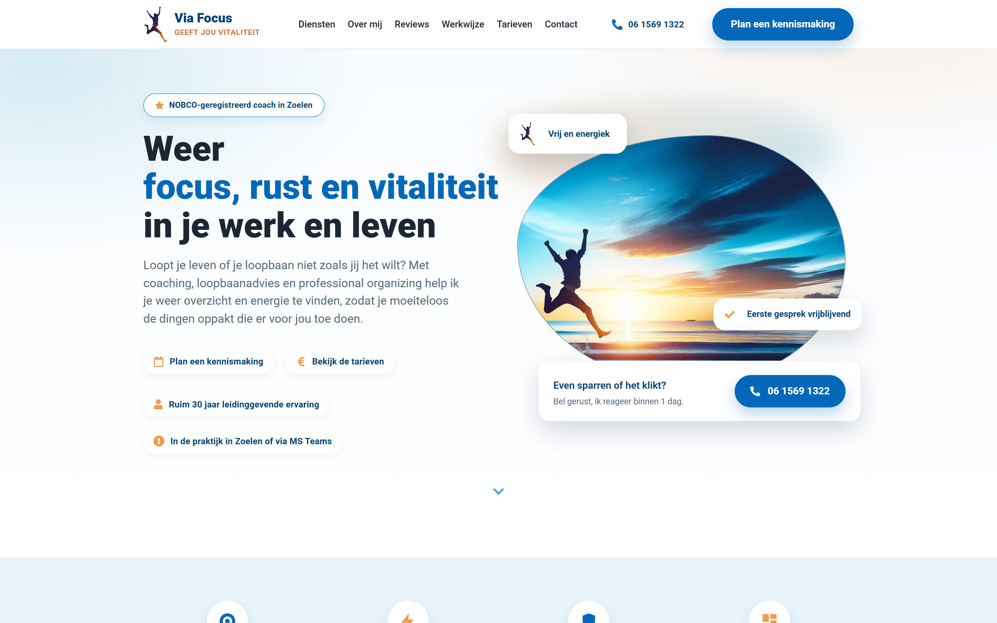 Website screenshot van Via Focus (viafocus.nl) — Rust en duidelijkheid voor een coachpraktijk. Diensten: Webdesign, Development.